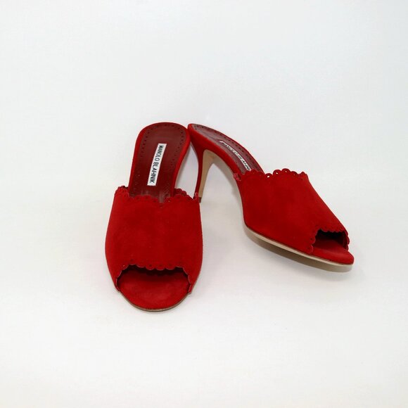 Manolo Blahnik 37.5 Scallop Lace Edge Red Suede Sandal Mule Heel - Picture 2 of 10